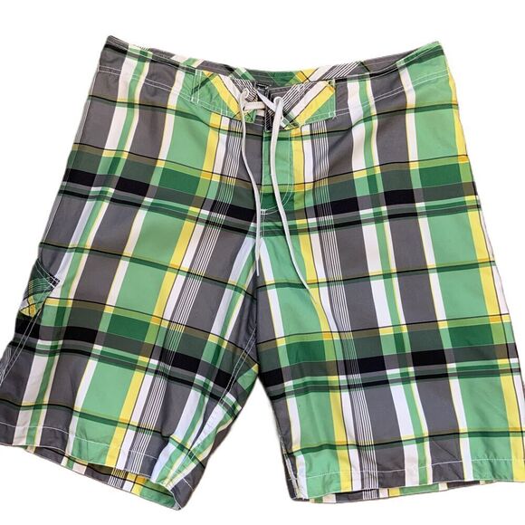 Old Navy Green Yellow Plaid Pattern Drawstring Swim Trunks Preppy Academia Large - Picture 1 of 14